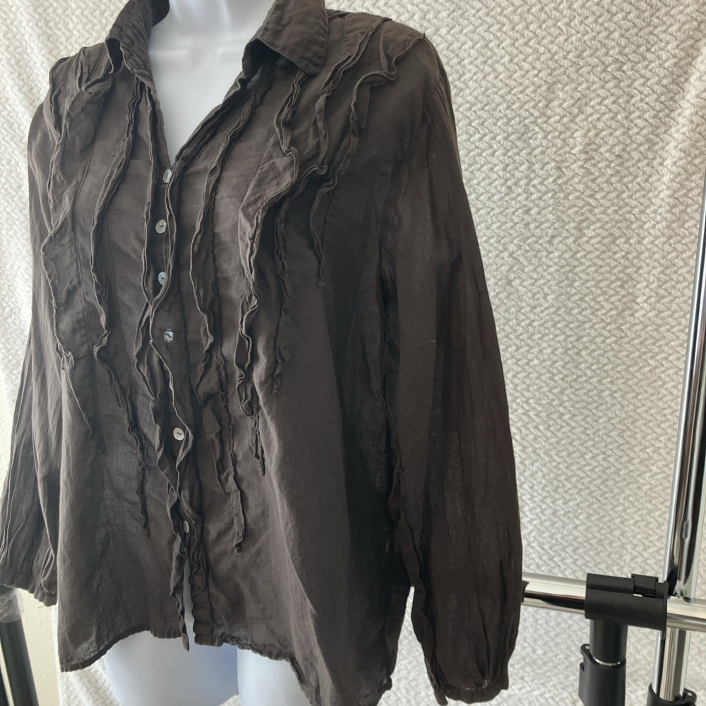 Sundance JP And Mattie Teal Pintuck Blouse Small Brown Ruffle Boho Lagenlook - Picture 5 of 10